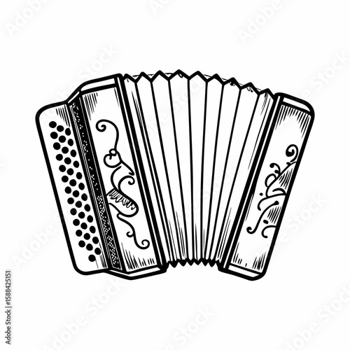 A hand-drawn sketch of a traditional button accordion with decorative patterns on bellows and panels, rendered in black and white and isolated on white background, symbolizing folk music, performance,