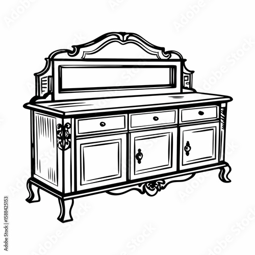A black and white hand-drawn sketch of a classic sideboard cabinet with built-in mirror, drawers, and cupboards, isolated on white background, symbolizing vintage furniture, decorative storage, and ho