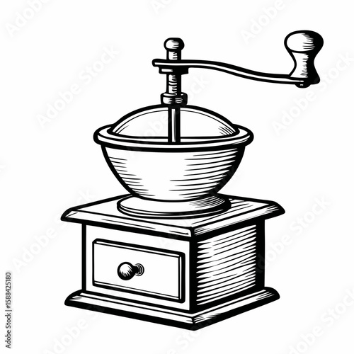 A black and white sketch of a manual coffee grinder with crank handle and drawer, hand-drawn and isolated on white background, representing vintage kitchenware, coffee tradition, and rustic brewing
