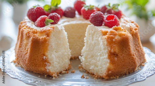 National Coconut Torte Day National White Chocolate Cheesecake Day Delicious angel food cake with fresh berries on elegant plate
