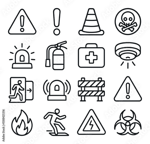 Safety warning icon collection. simple outline hazard signs. caution, alarm, emergency, danger vector icons.