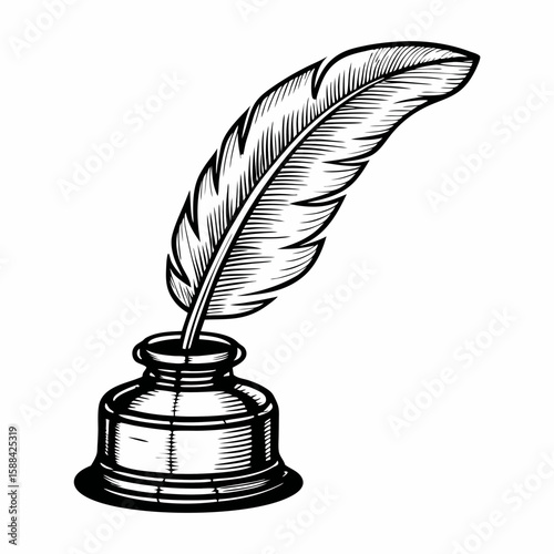A hand-drawn black and white sketch of a feather quill placed in an inkpot, isolated on white background, symbolizing historical writing, creativity, literature, and vintage communication
