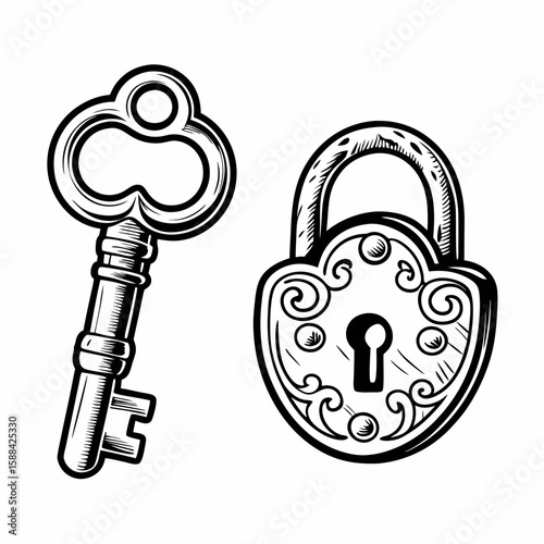 A hand-drawn sketch of an ornate vintage padlock paired with a matching key, rendered in black and white and isolated on white background, symbolizing secure access, privacy, and historic locking devi