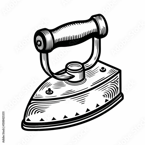 A hand-drawn traditional iron with a curved handle, illustrated in black and white sketch style and isolated on a white background, representing domestic tools, household labor, and vintage utility
