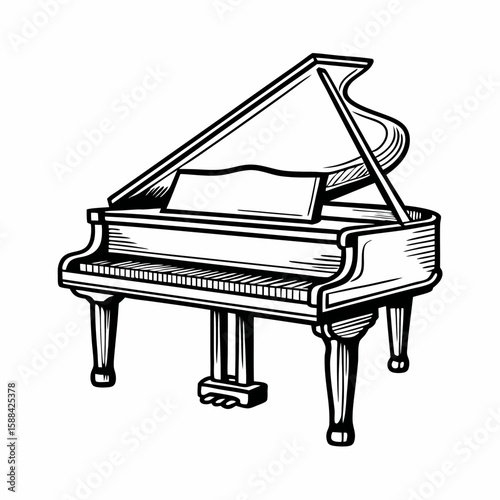 A black and white hand-drawn grand piano with open lid, isolated on white background, representing classical music, elegant furnishing, and performing arts tradition
