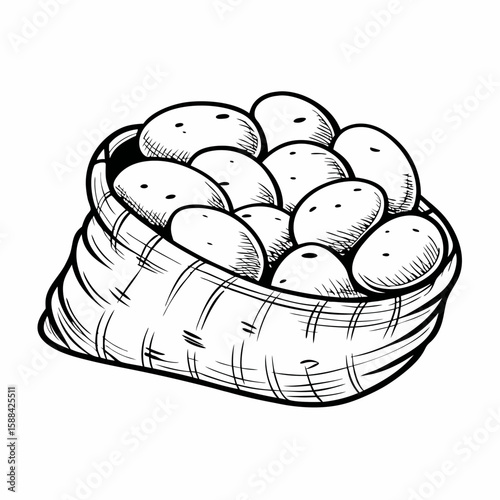 A hand-drawn sack filled with potatoes, drawn in black and white sketch style and isolated on white background, representing harvest, rural food storage, and traditional vegetable supply
