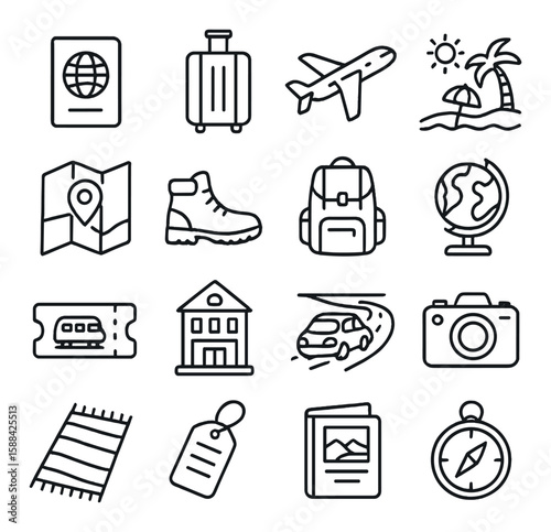 Travel adventure icon collection. simple linear icons: passport, suitcase, plane, globe, backpack, camera vector icons.