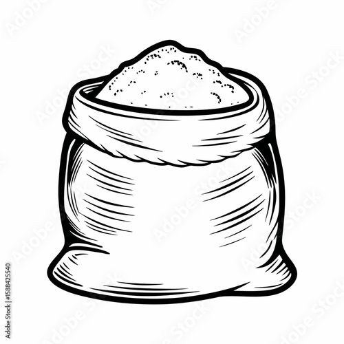 A hand-drawn sack filled with white flour, illustrated in black and white sketch style and isolated on a white background, symbolizing baking ingredients, food storage, and rustic cooking
