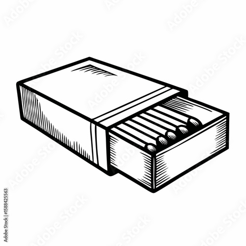 A black and white sketch of an open matchbox with visible match heads, isolated on white background, symbolizing ignition, fire starting, and old-fashioned household utility
