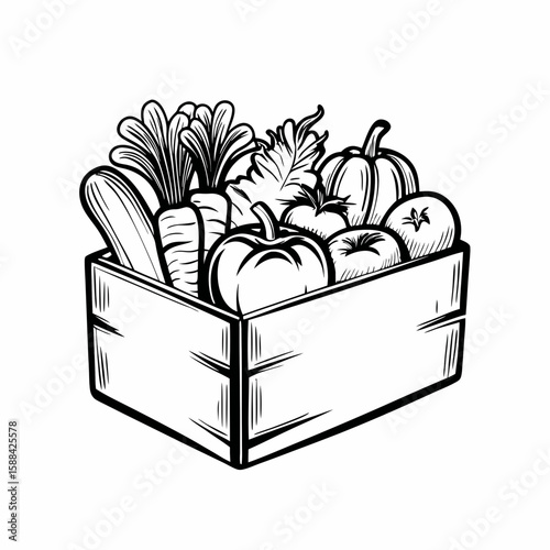 A hand-drawn wooden crate filled with various vegetables, shown in black and white sketch style and isolated on white background, representing organic farming, harvest, and natural food supply

