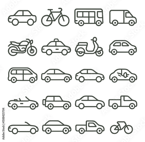 Vehicle icon collection: simple linear cars, bikes, bus, taxi, truck, motorcycle vector icons