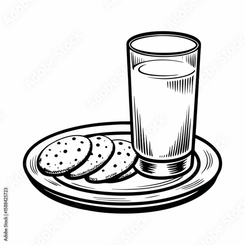 A hand-drawn glass of milk served on a plate next to two cookies, drawn in monochrome sketch style and isolated on white background, representing snack time, childhood comfort, and sweet treat concept