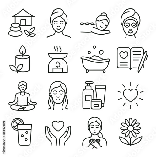 Spa self-care icon collection. simple wellness and relaxation line art: spa, meditation, candle, bath, heart, flower, vector icons.