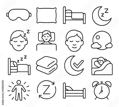 Sleep essentials icon collection. bedtime, pillow, blanket, alarm, moon, sleep mask, flat vector icons.