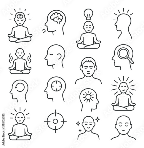 Meditation icon collection. simple linear icons: mindfulness, yoga, focus, relax, zen, peace vector icons.