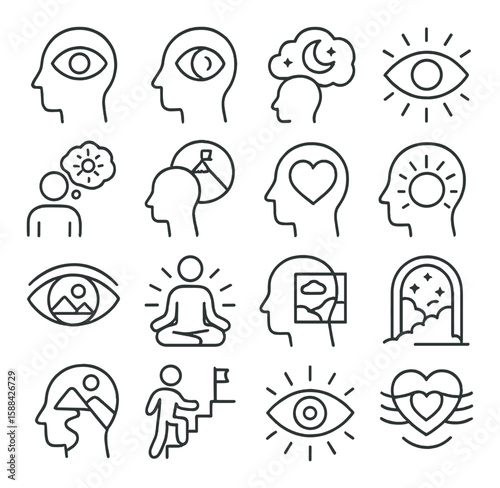 Guided meditation icon collection. mindfulness, relaxation, yoga, focus, calm linear vector icons.