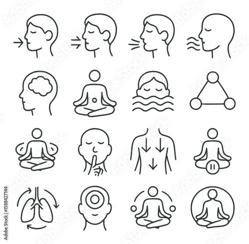 Breathing meditation icon collection. simple line meditation poses, yoga, breath, zen, mind, calm vector icons
