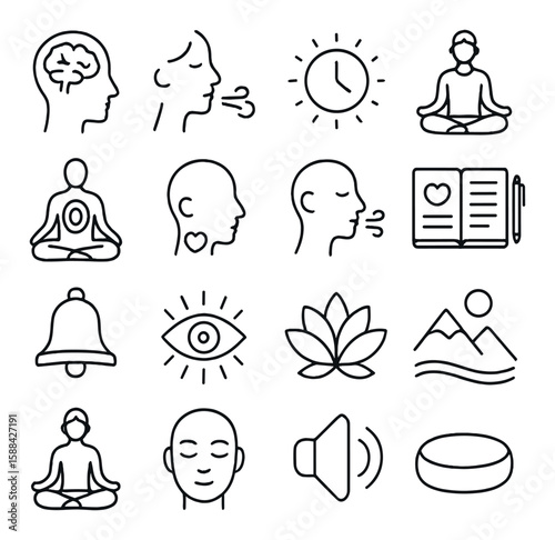 Mindfulness meditation icon collection. simple meditation, yoga, breath, lotus, bell, mountain vector icons.