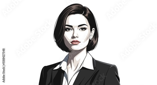 Confident businesswoman with short dark hair, embodying professionalism and poised demeanor in a crisp suit against a bright backdrop.