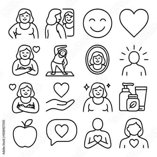 Body positivity icon collection: simple linear icons with heart, smile, yoga, self-care vector icons