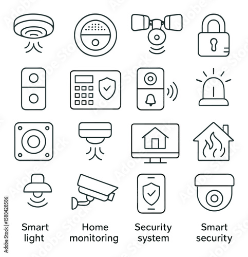 Smart home safety icon collection. simple security, lock, alarm, camera, monitoring vector icons.