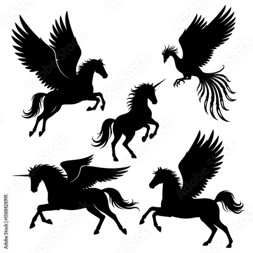 Vector art of mythical creatures including unicorns, pegasus and phoenix
