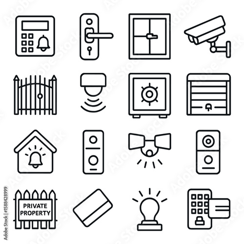 Home security icon collection: simple door, camera, alarm, lock, gate, safe, light, sensor vector icons