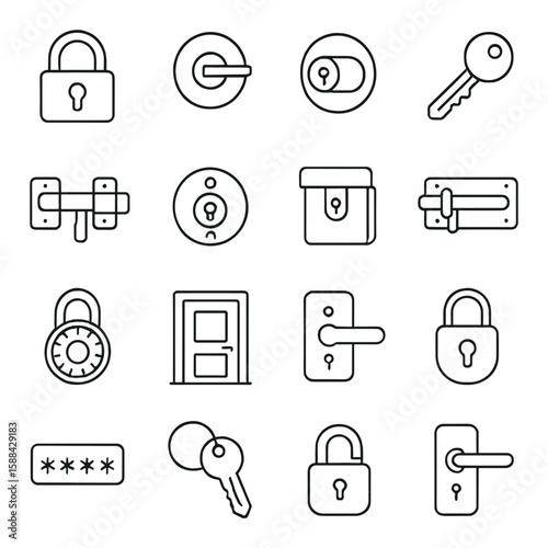 Security lock icon collection: simple locks, keys, padlocks, door handles, linear vector icons