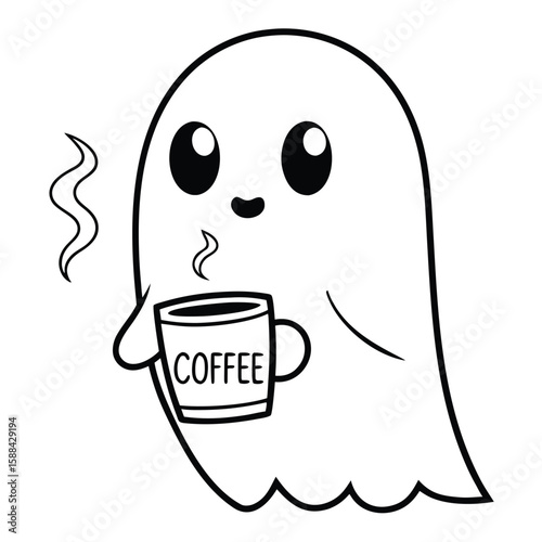 Cute Spooky Ghost Enjoying a Hot Cup of Coffee