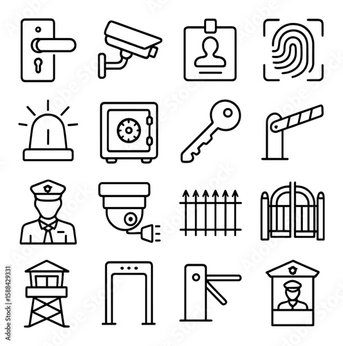 Physical security icon collection. simple linear security: camera, lock, key, safe, guard, alarm vector icons.
