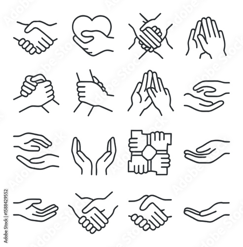 Hands in unity icon collection. simple linear style: hands, hold, support, care, community vector icons.