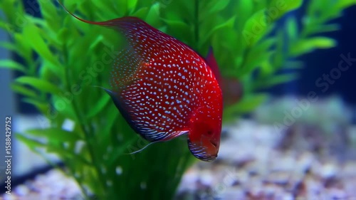 Colorful Tropical Fish Swimming Near Green Aquarium Plants in Clear Water