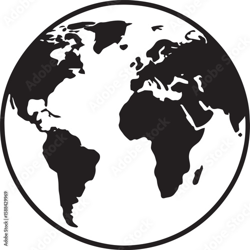 A graphic depiction of the earth featuring continents in black against a white background and border