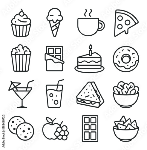 Food icon collection: delightful simple line art. cupcake, ice cream, pizza, chocolate, drink vector icons.