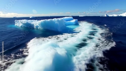 Iceberg Breaking Apart in Open Ocean with Wake and Choppy Water under Bright Sunlight