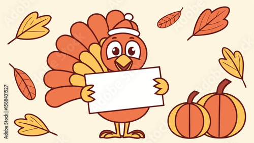 Cute cartoon turkey holding a blank sign with fall leaves and pumpkins