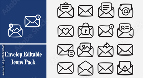 Envelope Icons Pack – Hand-Drawn Outlined Email Symbols with Editable Stroke, Set of clean, hand-drawn envelope icons in outlined style, featuring editable strokes for easy customization.