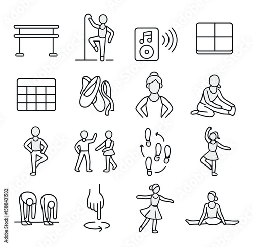 Dance class essentials icon collection. ballet, music, stretching, speaker, steps, mat, pose linear vector icons.