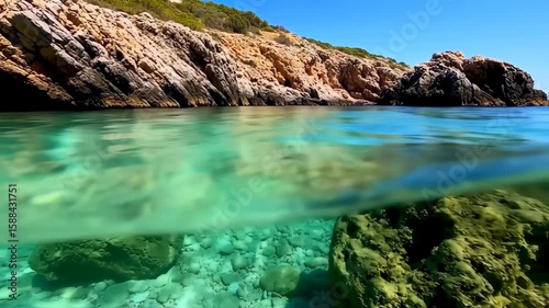 Underwater View of Clear Turquoise Water with Rocks and Rocky Coastline Under Bright Sunlight