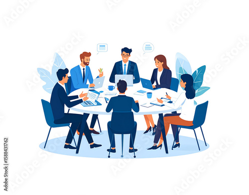 Flat vector illustration of a diverse corporate team collaborating in a business meeting sitting around a white table with laptops and documents.