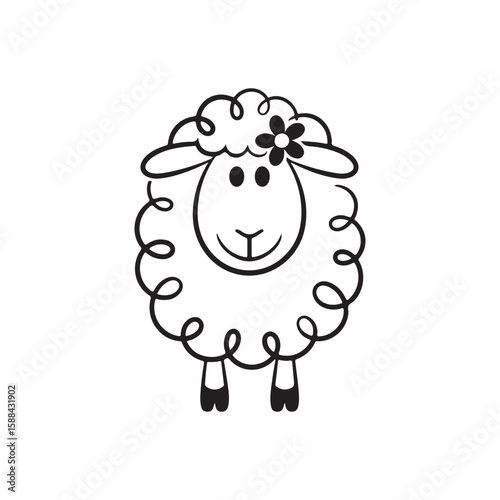 Cute black and white cartoon sheep with flower lamb