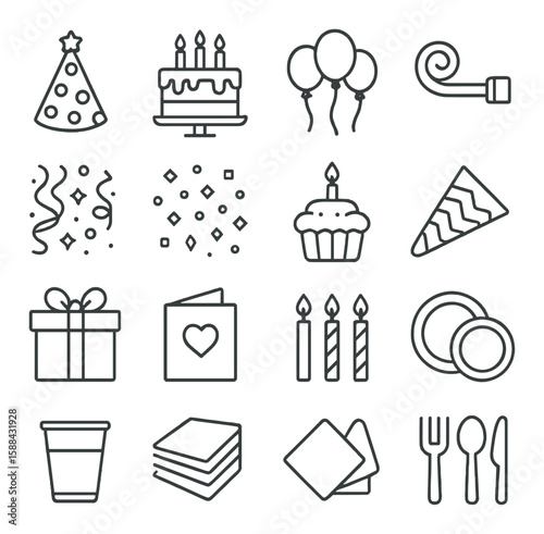 Birthday party icon collection. simple linear design of hat, cake, balloons, candle, gift vector icons.