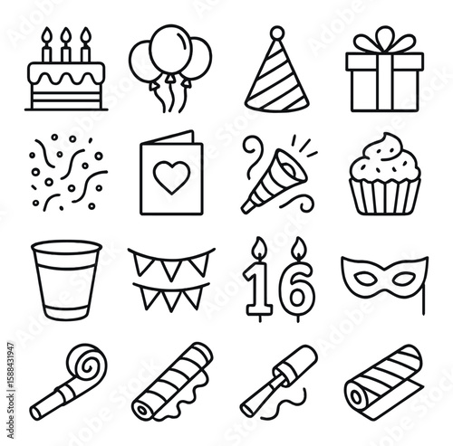 Birthday party icon collection: celebratory elements in simple line style. cake, balloons, gifts, party hat, cupcake vector icons.
