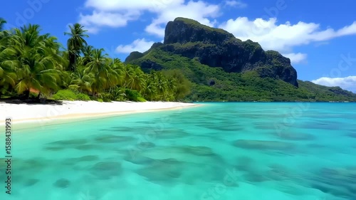 Tropical Beach Scene with Clear Turquoise Water and Lush Green Palm Trees Under Bright Blue Sky