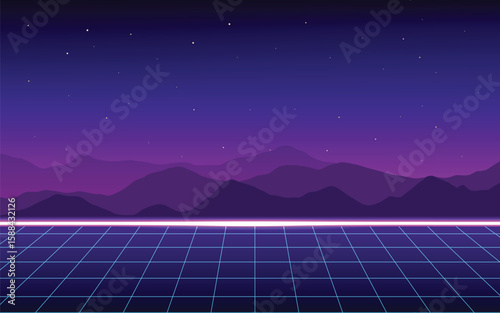 Futuristic landscape retro style. Digital retro landscape cyber surface. mountains background summer landscape