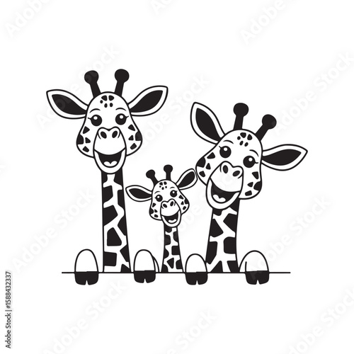 Three happy cartoon giraffes peeking over a line animal