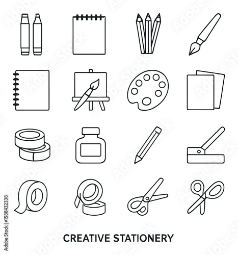 Creative stationery icon collection. simple compose pencils, notebook, scissors, tape, paintbrush vector icons