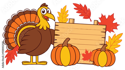 Happy Thanksgiving Day Turkey Pumpkin Fall Leaves and Wooden Sign Greeting