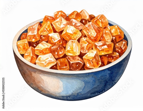 Watercolor illustration of rock candy in a bowl, delicious sweet treat art