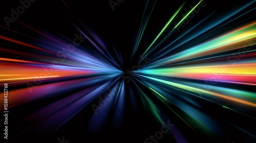 Colorful streaks of light converging towards a central point in the dark